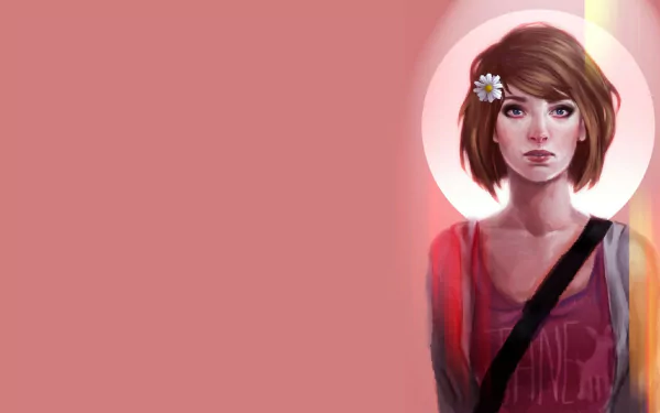 A vibrant HD desktop wallpaper featuring Max Caulfield from the video game Life Is Strange, showcasing her contemplative expression against a soft pink background.