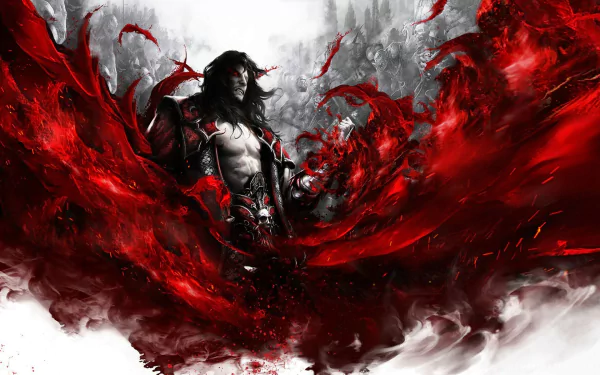 A striking HD wallpaper from Castlevania: Lords of Shadow 2, featuring a dark, powerful figure surrounded by swirling red and black elements, evoking a sense of drama and intensity.