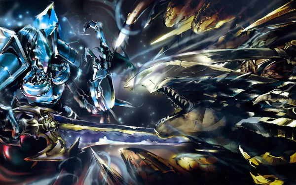 HD desktop wallpaper featuring Cocytus and Lizardman from the anime Overlord, set in an intense and dynamic battle scene.