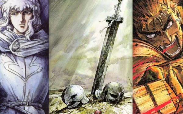 HD PC desktop wallpaper of Berserk anime: triptych with Griffith (left), ruined battlefield with sword, helmets and Beherit (center), and Guts enraged (right).