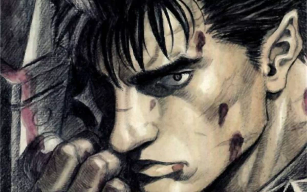 HD wallpaper featuring Guts from the anime Berserk, showcasing a close-up of his determined expression, scars, and iconic sword, capturing the essence of his fierce character.