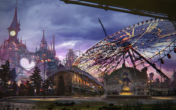 HD desktop wallpaper of a fantasy amusement park from the video game NieR: Automata, featuring a large Ferris wheel, colorful lights, gothic architecture, and an enchanting twilight sky.