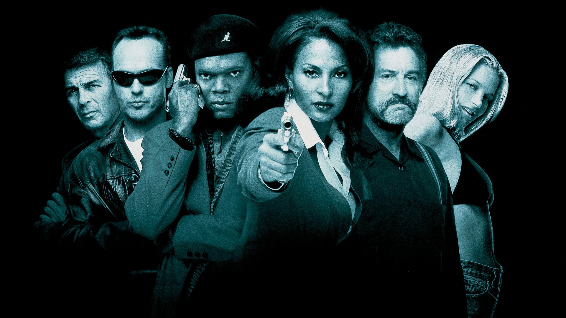 HD PC desktop wallpaper of the film Jackie Brown: moody teal ensemble portrait with a woman pointing a gun, flanked by four serious figures against a dark background.