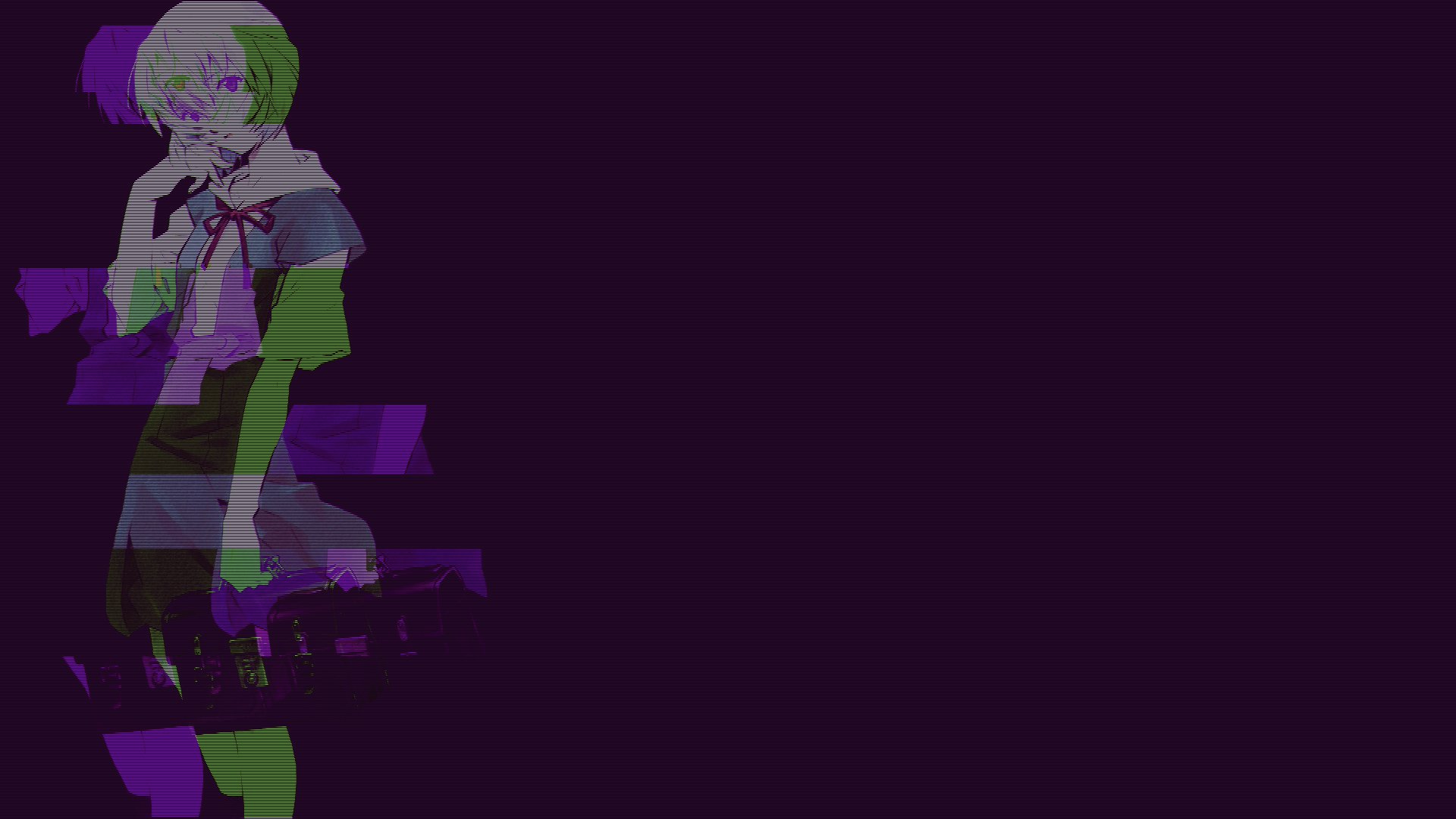 HD PC desktop wallpaper featuring a glitch-style anime character from Neon Genesis Evangelion against a dark purple background.