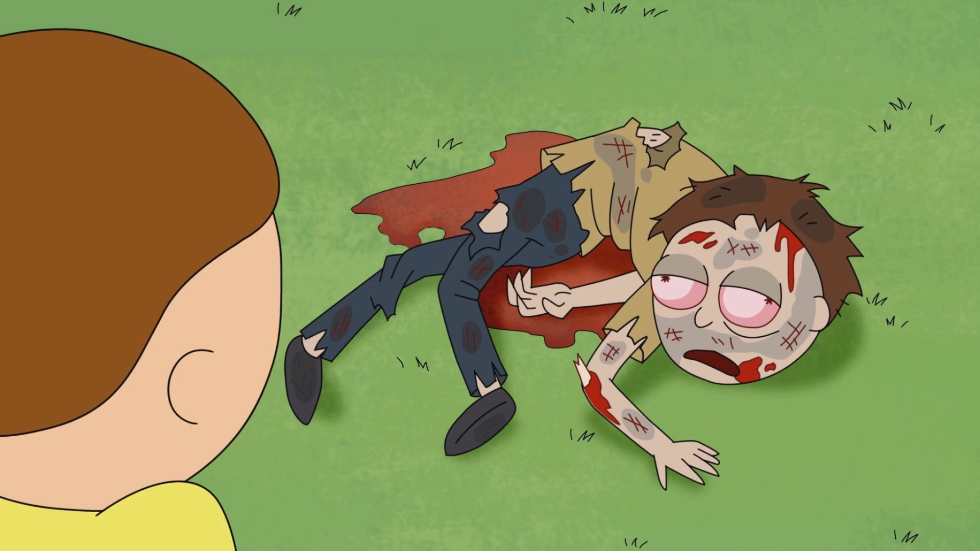 HD desktop wallpaper from the TV show Rick and Morty featuring Morty Smith looking at a battered, zombie-like version of himself lying on the grass.
