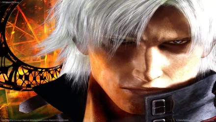 HD PC desktop wallpaper featuring a close-up of Dante from Devil May Cry 2, showcasing intense expression and fiery background elements from the video game.