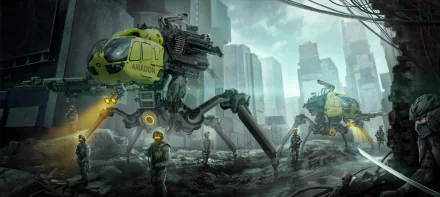 A group of soldiers stands in a futuristic, ruined city, flanked by advanced robotic weapons with spider-like legs, set against a dramatic sci-fi backdrop.