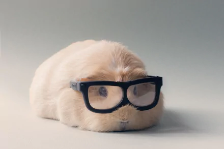 A cute guinea pig wearing glasses, resting softly against a neutral background, makes for an adorable HD desktop wallpaper and background.