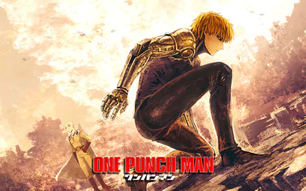 HD desktop wallpaper featuring Saitama and Genos from the anime One-Punch Man with the series title prominently displayed in the foreground, set against a dynamic background scene.