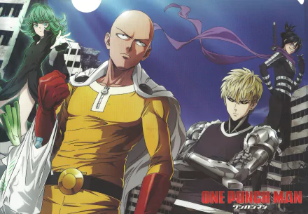 HD desktop wallpaper featuring characters from One-Punch Man: Tatsumaki with green hair, Saitama with a yellow suit, Genos with blonde hair and black outfit, and Sonic with black hair and a scarf, among a cityscape.