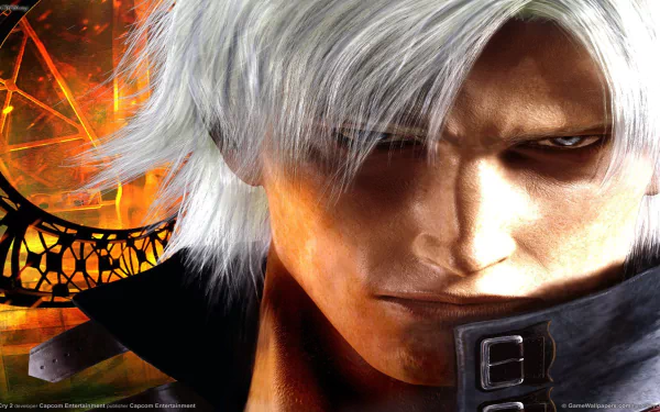 HD PC desktop wallpaper featuring a close-up of Dante from Devil May Cry 2, showcasing intense expression and fiery background elements from the video game.