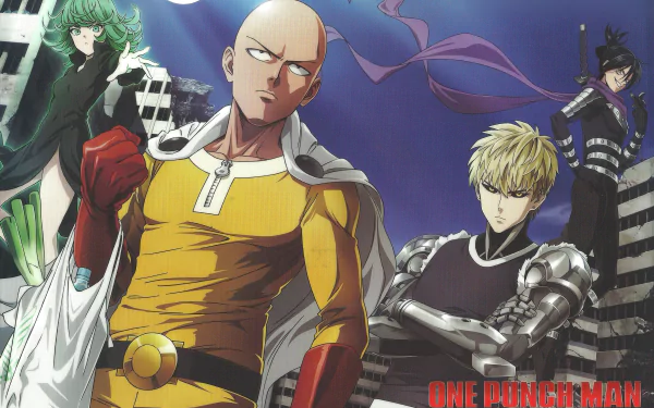 HD desktop wallpaper featuring characters from One-Punch Man: Tatsumaki with green hair, Saitama with a yellow suit, Genos with blonde hair and black outfit, and Sonic with black hair and a scarf, among a cityscape.