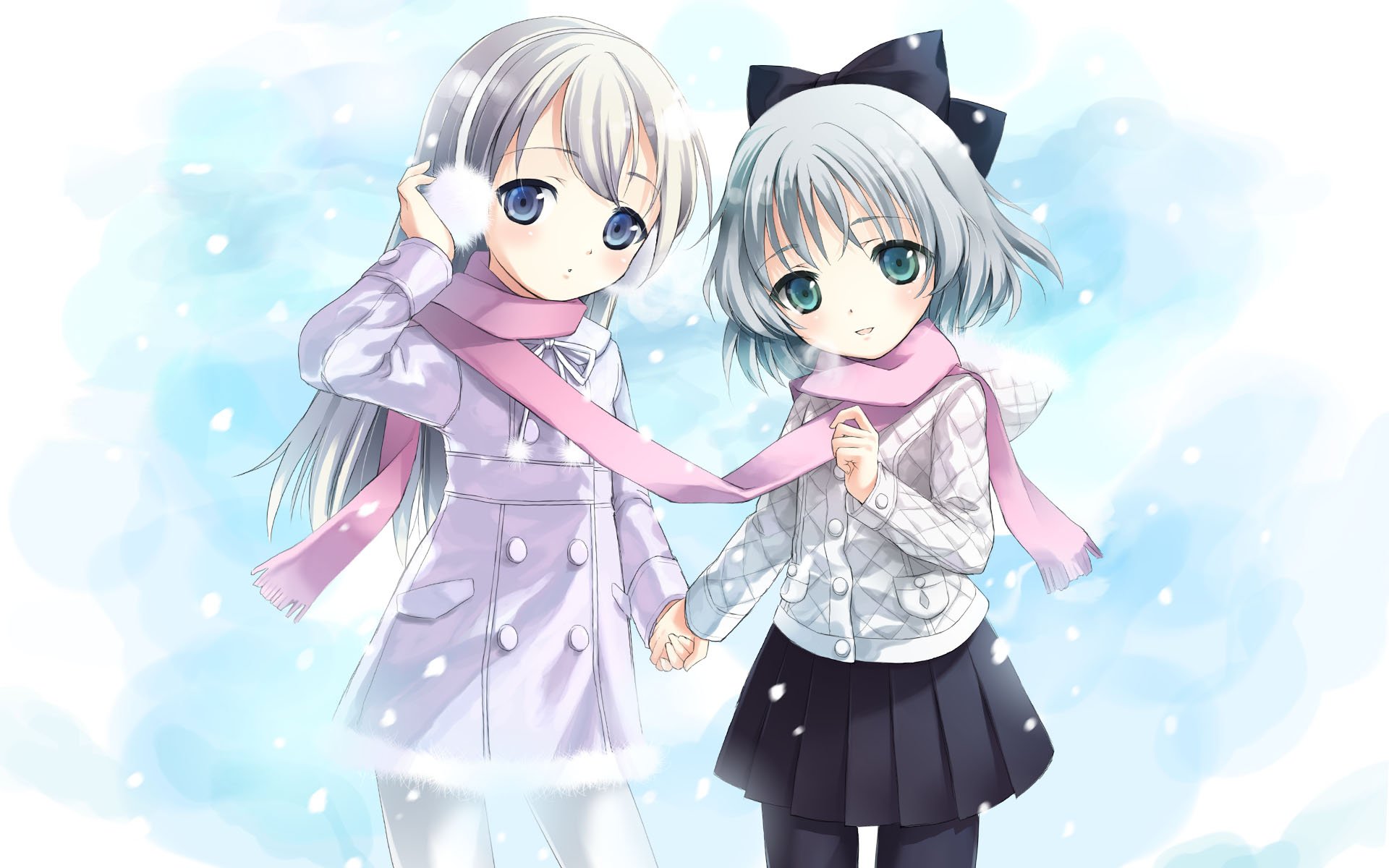 Anime-style HD desktop wallpaper featuring two girls from Strike Witches holding hands, dressed in winter clothing with scarves in a soft, snowy background.