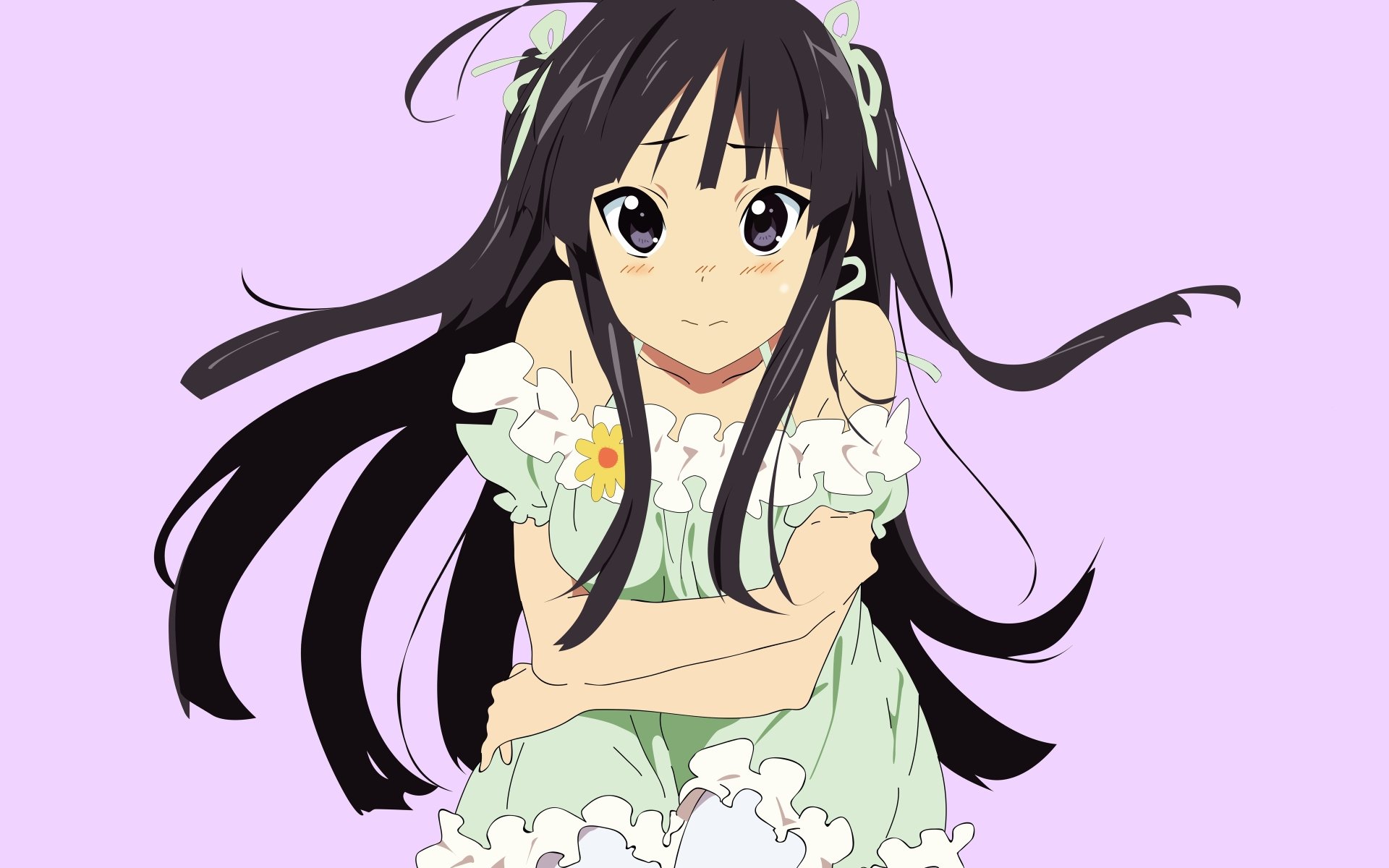 A 4K Ultra HD PC desktop wallpaper featuring Mio Akiyama from the anime K-ON!, depicted with long black hair and wearing a cute green dress against a pastel background.