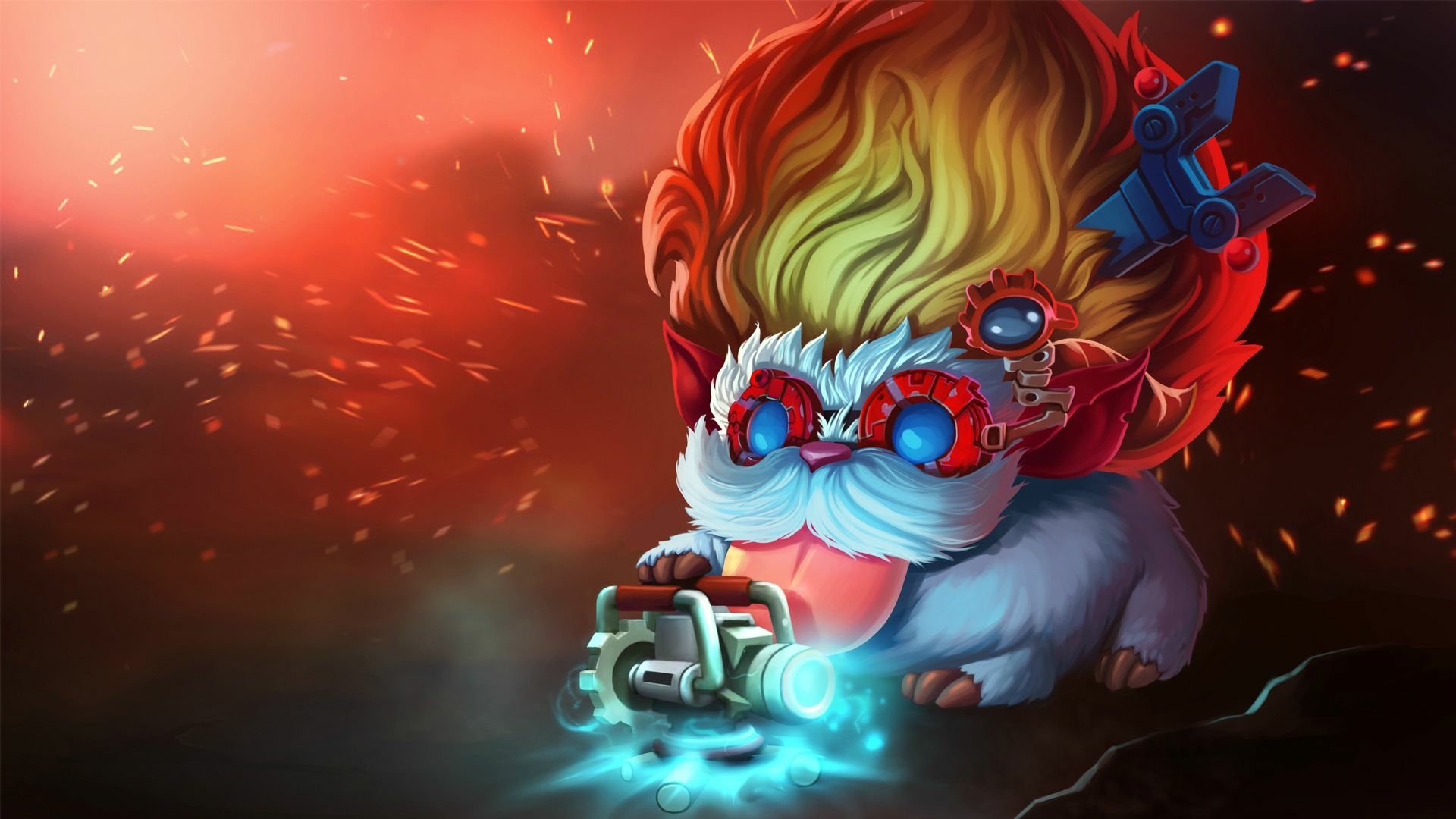 HD PC desktop wallpaper featuring Heimerdinger and a Poro from the video game League of Legends with vibrant colors and dynamic lighting effects.