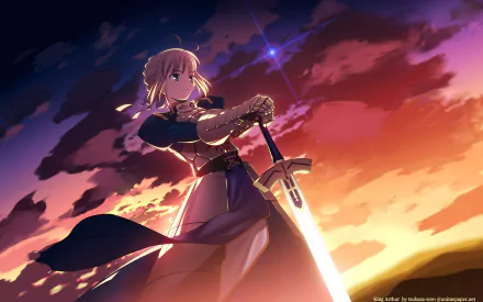 HD desktop wallpaper featuring Saber from the Fate/Stay Night anime series, with has Saber holding a sword against a vibrant sunset backdrop.