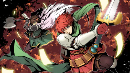HD PC desktop wallpaper of the video game Ys Seven: red-haired swordsman with green scarf and companion mid-leap, brandishing a glowing sword against a fiery, dynamic background.