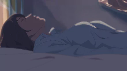 A serene scene from the anime The Garden of Words, featuring a character peacefully lying on a bed, captured in HD. Perfect as a desktop wallpaper for fans.