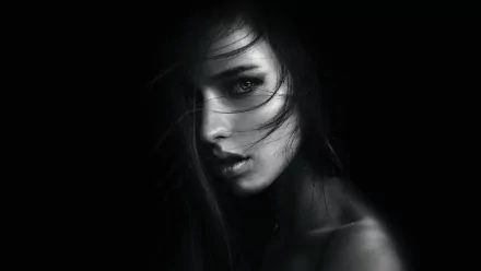 Black and white HD desktop wallpaper of model Anastasiya Scheglova, featuring a close-up of her face with an intense expression and strands of hair falling over it.