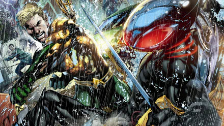 HD PC desktop wallpaper featuring an intense battle between Aquaman and Black Manta in a dynamic comic-style underwater scene.