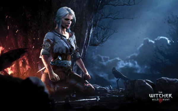 HD desktop wallpaper of Ciri from The Witcher 3: Wild Hunt video game, featuring her kneeling with a sword by her side in a dark, dramatic forest scene.