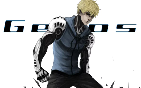 Genos from One-Punch Man anime in a dynamic pose with his name in bold behind him, designed as a 4K Ultra HD PC desktop wallpaper.
