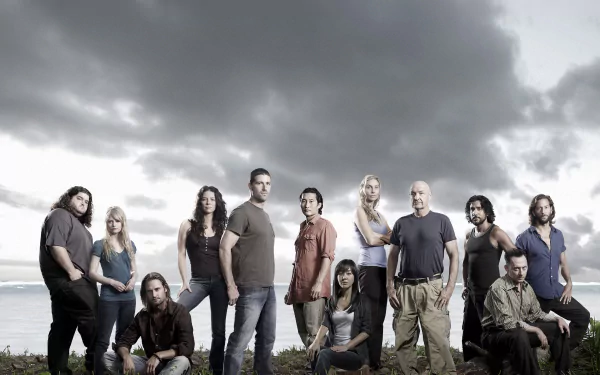 TV show Lost promotional image: a group of people on a windswept shore under stormy clouds — 2K Quad HD PC desktop wallpaper/background.