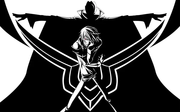 A striking HD wallpaper featuring Lelouch Lamperouge from the anime Code Geass, showcasing a dramatic black and white design with bold silhouettes and dynamic poses.