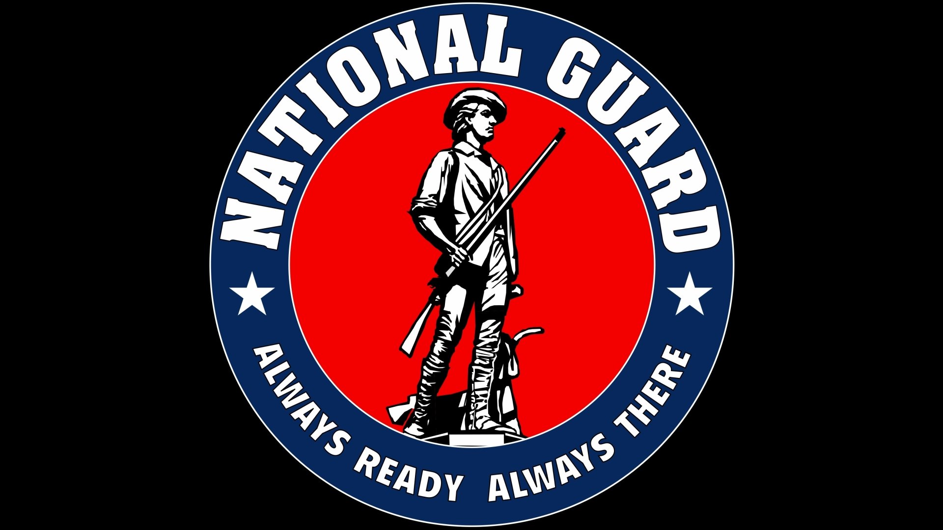 2K Quad HD PC desktop wallpaper: circular National Guard emblem in red, white and blue featuring a Minuteman figure and the motto Always Ready Always There on a black background.