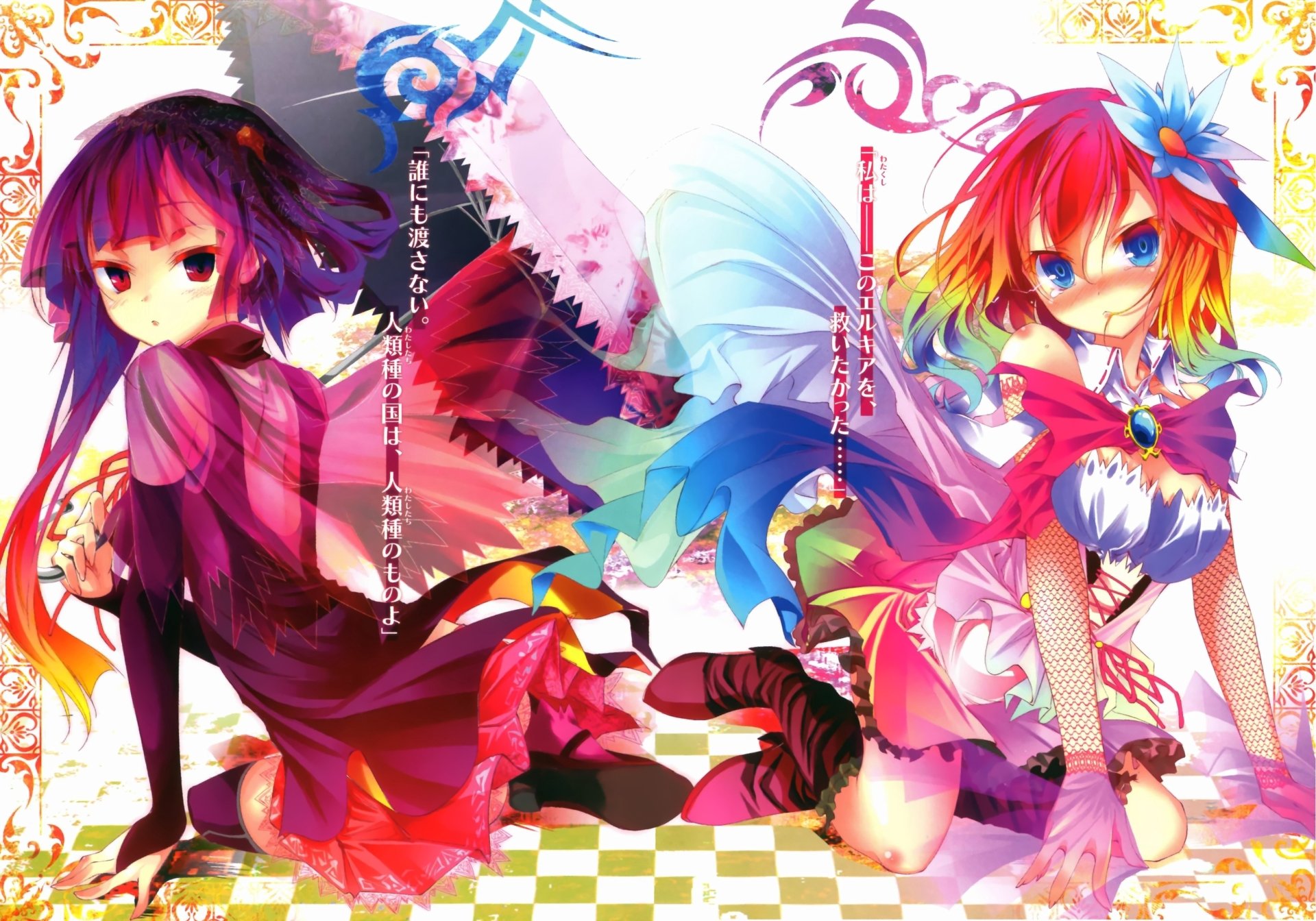 A vibrant HD wallpaper featuring Stephanie Dola and Clammy Zell from the anime No Game No Life, showcasing their colorful outfits in a whimsical, fantasy setting.
