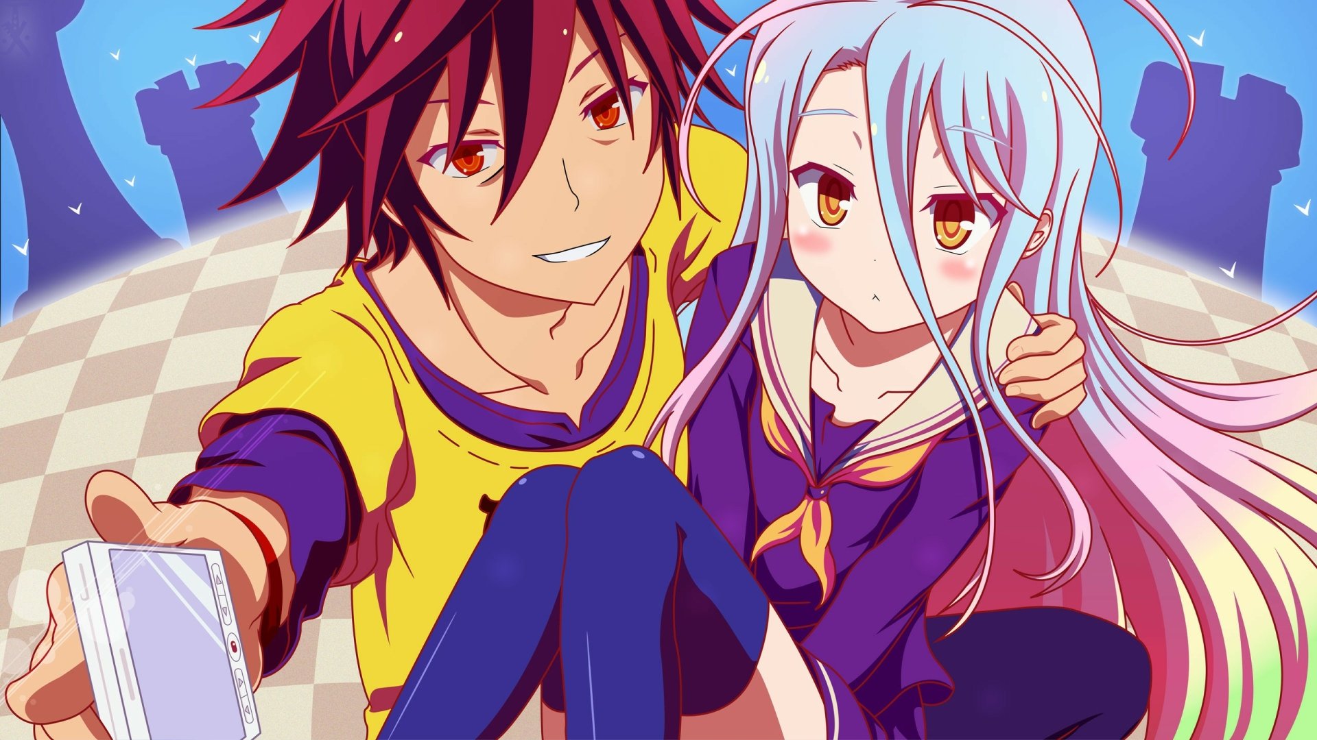An HD desktop wallpaper featuring Shiro and Sora from No Game No Life, showcasing their vibrant expressions and dynamic poses against a colorful background.