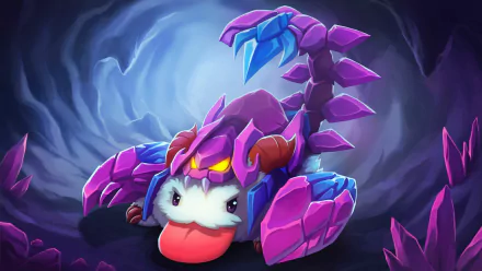HD desktop wallpaper featuring Poro wearing Skarner’s armor from League of Legends, set against a glowing cave background.