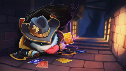 A playful poro dressed as Twisted Fate from League of Legends, surrounded by playing cards in a dimly lit environment, serves as an engaging HD desktop wallpaper.