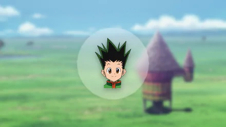 Gon Freecss from the anime Hunter x Hunter is featured as a prominent character in this HD desktop wallpaper, set against a vibrant landscape.
