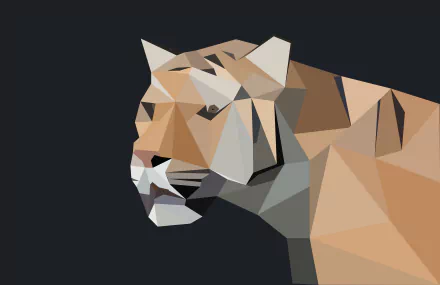 Abstract low poly tiger with geometric facets in warm tones on a dark background, presented as a 4K Ultra HD PC desktop wallpaper and background.