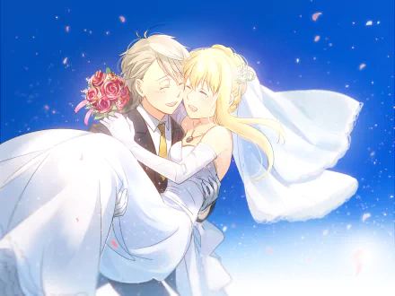 HD anime wallpaper featuring Slaine Troyard and Asseylum Vers Allusia from Aldnoah.Zero in a romantic wedding scene under a starry sky.