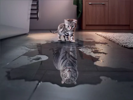 A cute gray kitten stands on a wet floor, with its reflection manipulated to appear as a white tiger. This HD desktop wallpaper exudes a charming and imaginative essence, blending playfulness and fantasy.