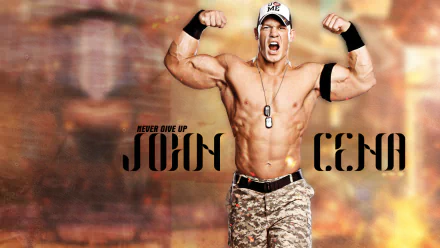 HD desktop wallpaper featuring WWE wrestler John Cena flexing muscles with Never Give Up slogan.