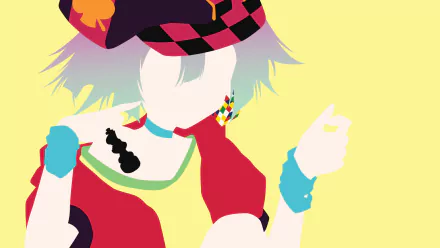 Minimalist HD anime wallpaper of Tet from No Game No Life, featuring grey hair, a checkered hat, and a vibrant collar in a simplified, colorful style.