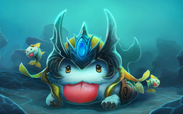 HD PC desktop wallpaper featuring Poro and Nami from League of Legends in an underwater scene, showcasing the game's vibrant video game art style.