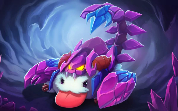 HD desktop wallpaper featuring Poro wearing Skarner’s armor from League of Legends, set against a glowing cave background.