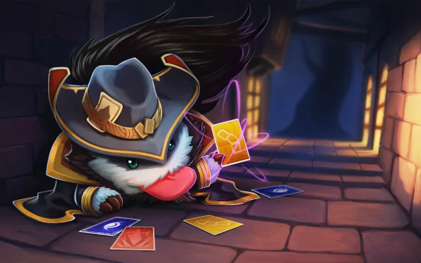 A playful poro dressed as Twisted Fate from League of Legends, surrounded by playing cards in a dimly lit environment, serves as an engaging HD desktop wallpaper.
