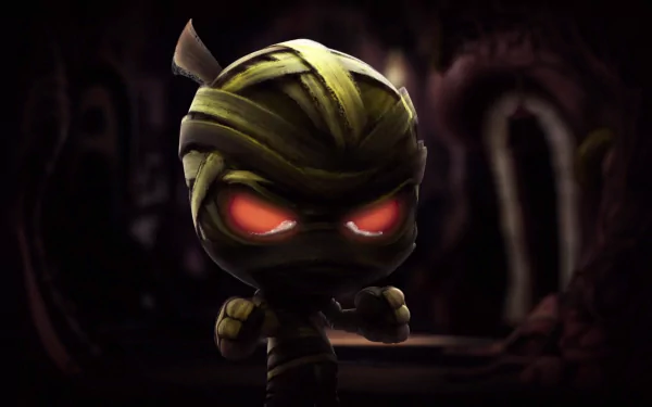 HD PC desktop wallpaper featuring Amumu, a character from the video game League of Legends, with glowing red eyes set against a dark, eerie background.