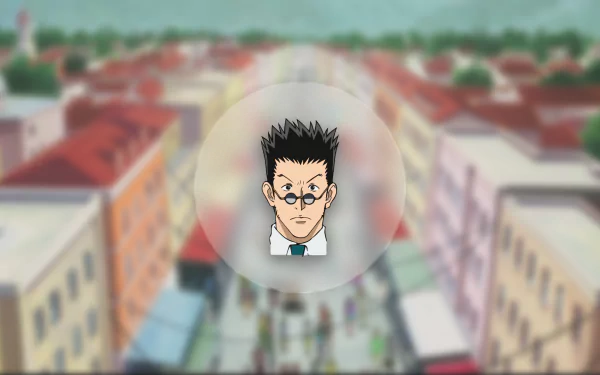Leorio Paradinight from the anime Hunter x Hunter stands prominently in the foreground, set against a vibrant HD background of a bustling street scene.