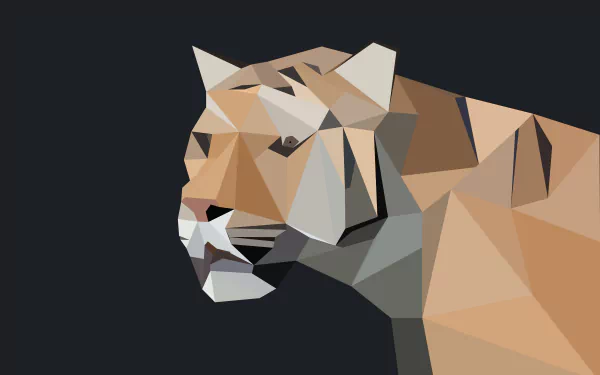 Abstract low poly tiger with geometric facets in warm tones on a dark background, presented as a 4K Ultra HD PC desktop wallpaper and background.