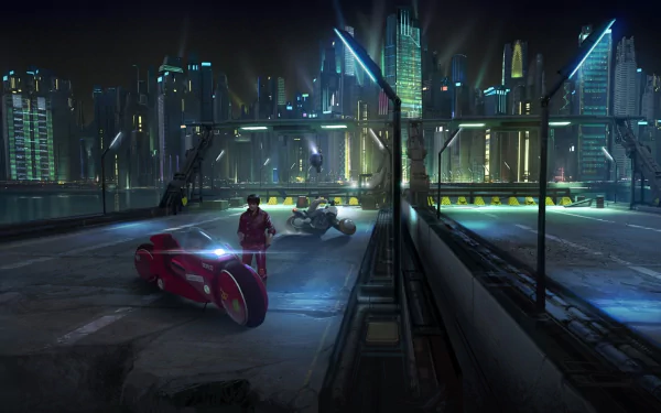 A vibrant HD wallpaper featuring Shotaro Kaneda from the anime Akira, set against a futuristic cityscape with neon lights and sleek motorcycles on a deserted road.