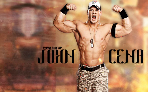 HD desktop wallpaper featuring WWE wrestler John Cena flexing muscles with Never Give Up slogan.