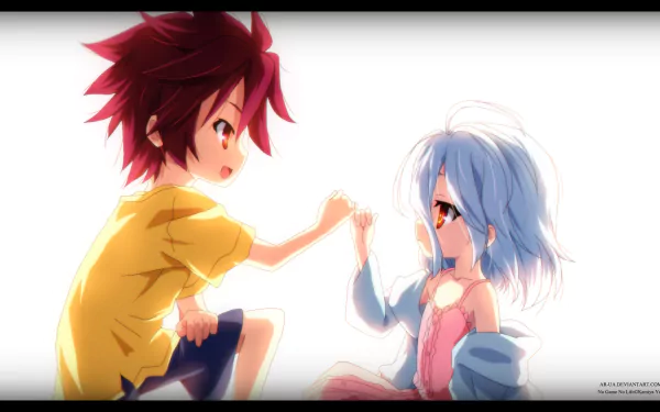 Anime HD wallpaper featuring Shiro in a pink dress and Sora from No Game No Life, with Shiro's orange eyes striking in the light background.
