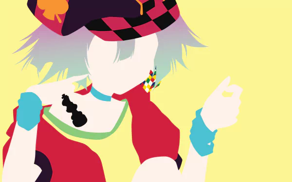 Minimalist HD anime wallpaper of Tet from No Game No Life, featuring grey hair, a checkered hat, and a vibrant collar in a simplified, colorful style.