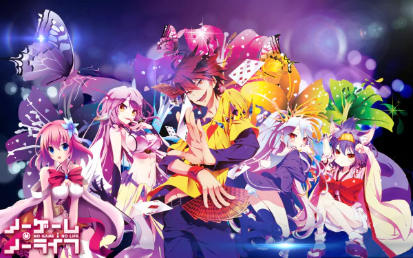 HD desktop wallpaper featuring characters from No Game No Life including Izuna Hatsuse, Shiro, Sora, Jibril, and Stephanie Dola, set against a vibrant, colorful background with fantastical elements.